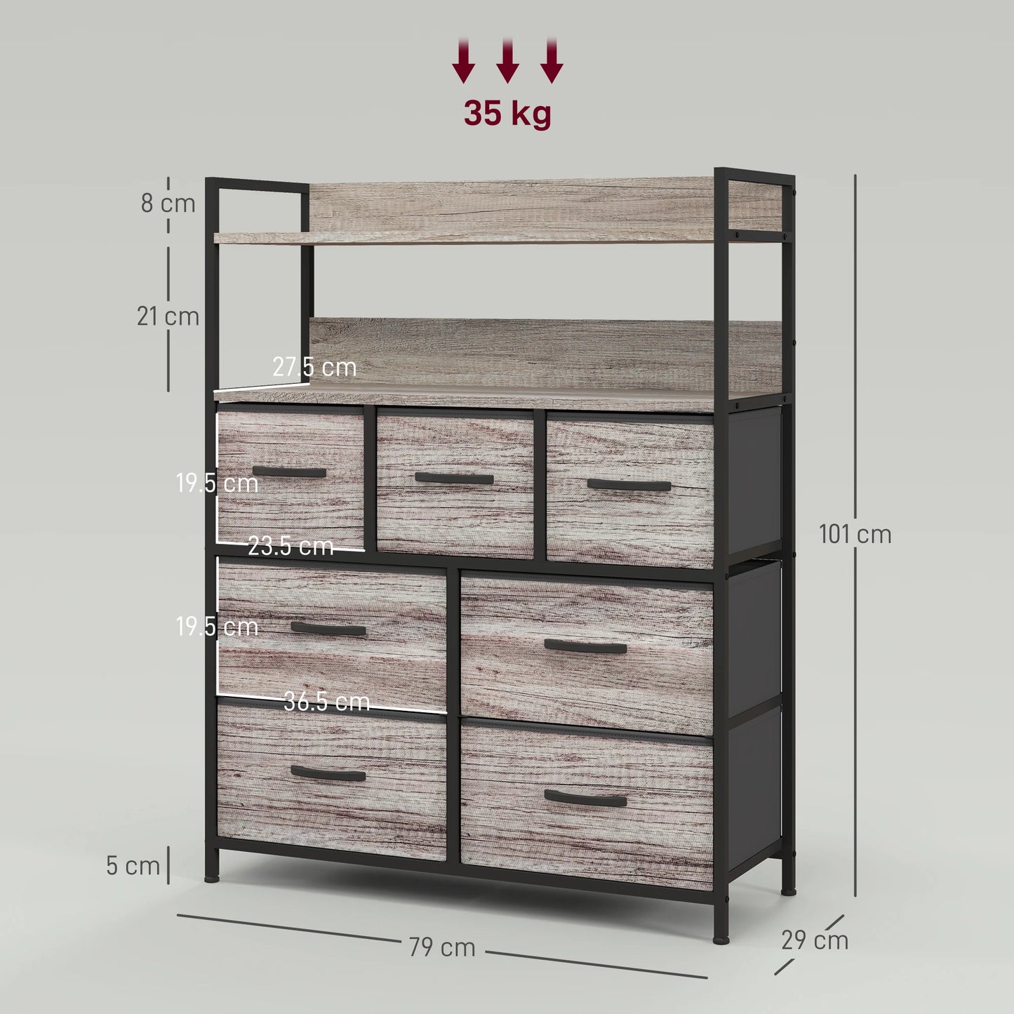 HOMCOM Bedroom Chest of Drawers 7 Drawer Dresser w/ Shelves, Grey Wood Effect