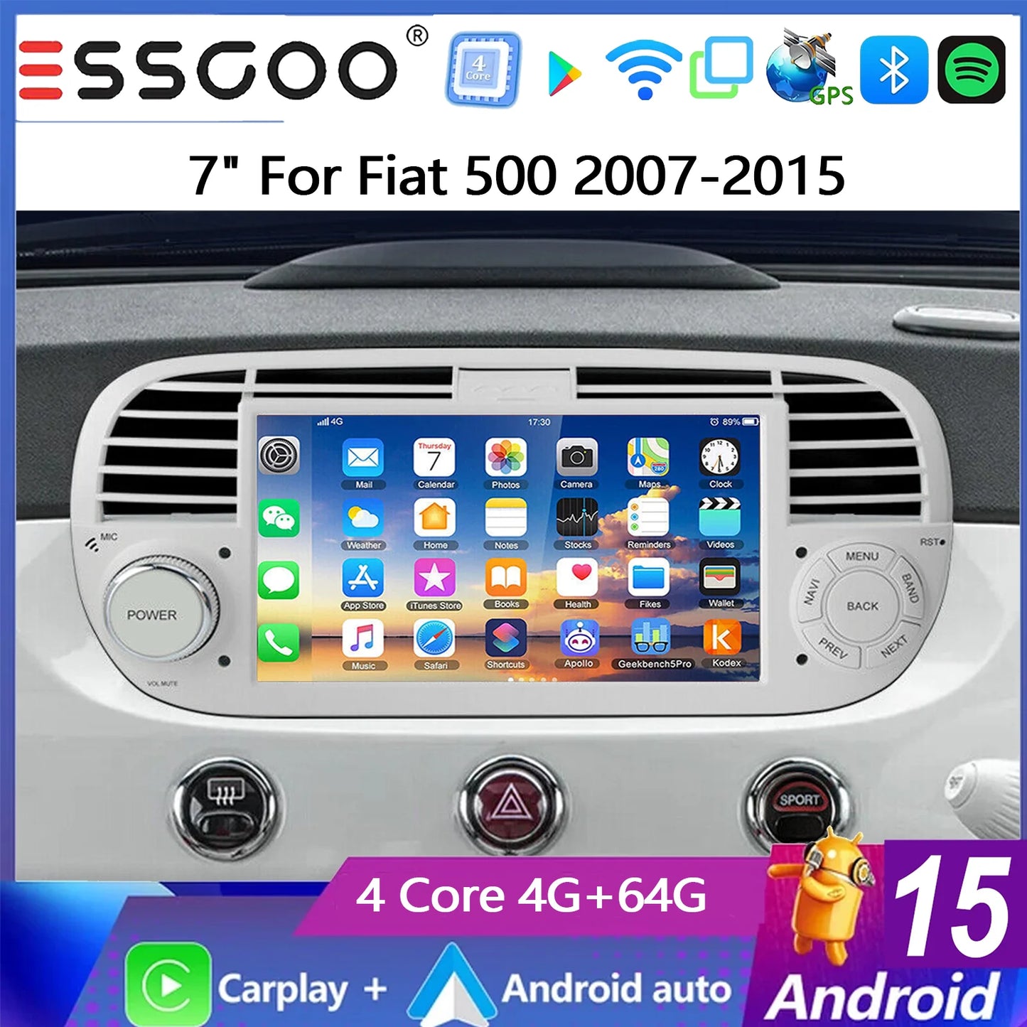 ESSGOO 7" 4+64G Android 15 For Fiat 500 2007-2015 Car Stereo Radio Wireless Carplay Android Auto GPS Navigation Bluetooth FM SWC Wifi RDS ASP IPS Touchscreen Mirror Link Multimedia Video Player