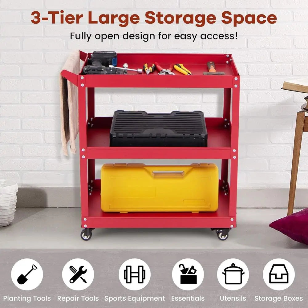 Sturdy 3-Tier Metal Tool Cart with Lockable Wheels, Red - Ideal for Workshop, Garage, Kitchen Storage