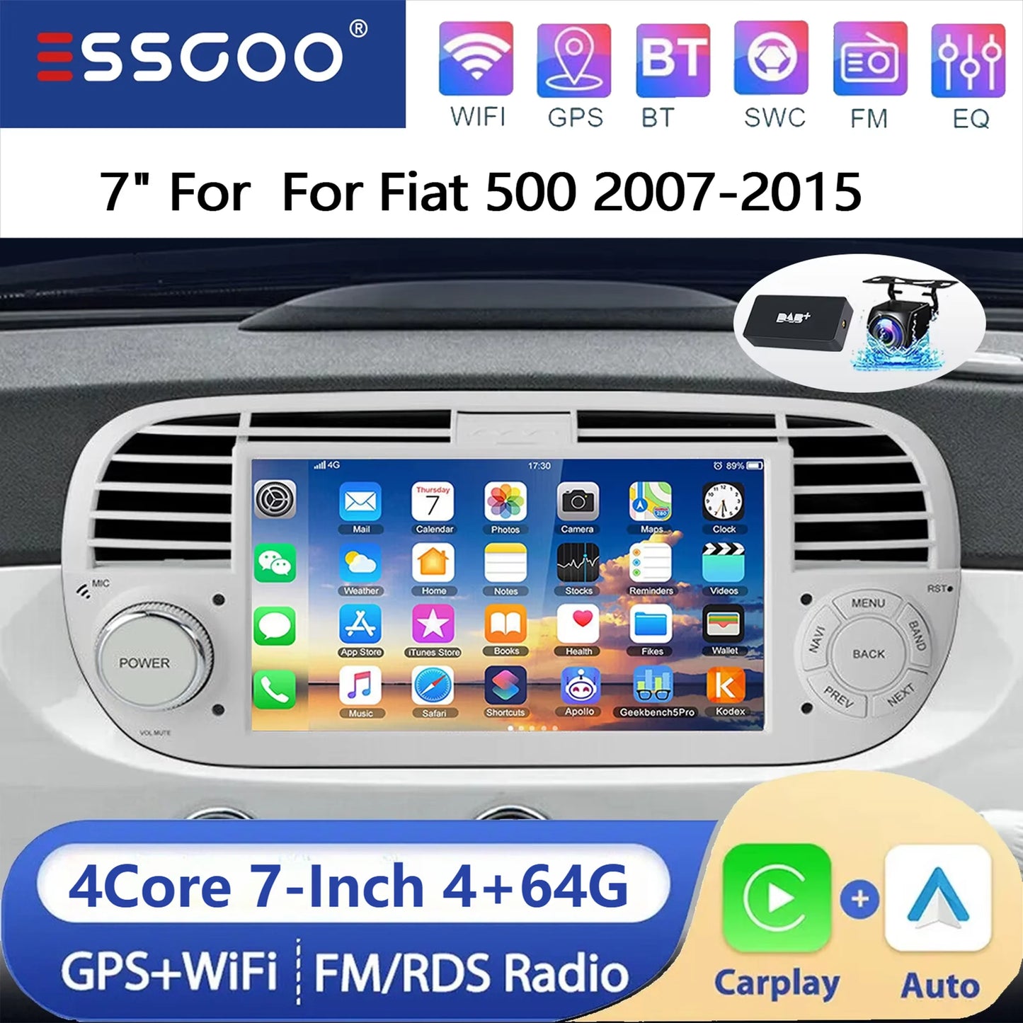 ESSGOO 7" 4+64G Android 15 For Fiat 500 2007-2015 Car Stereo Radio Wireless Carplay Android Auto GPS Navigation Bluetooth FM SWC Wifi RDS ASP IPS Touchscreen Mirror Link Multimedia Video Player