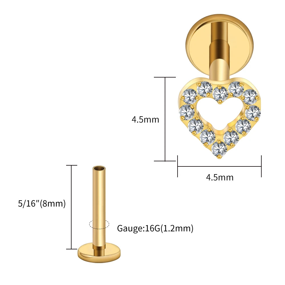 Right Grand ASTM F136 Titanium Mini Heart Cartilage Earring 16G Dainty Flat Back Labret Stud Tragus Helix Piercing Jewelry