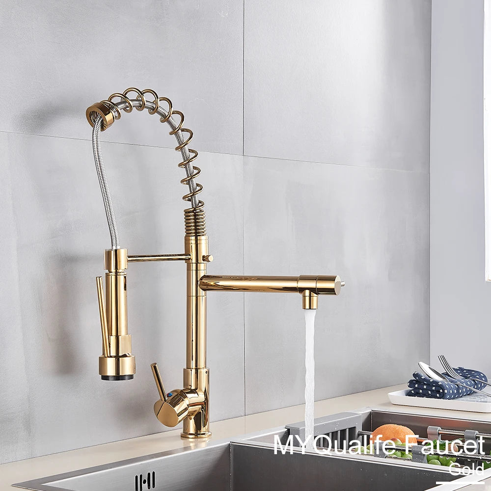 Black Pull Down Brass Kitchen Sink Faucet Hot Cold Water Mixer Crane Tap with Dual Spout 360 Rotation High Faucet Deck Mounted