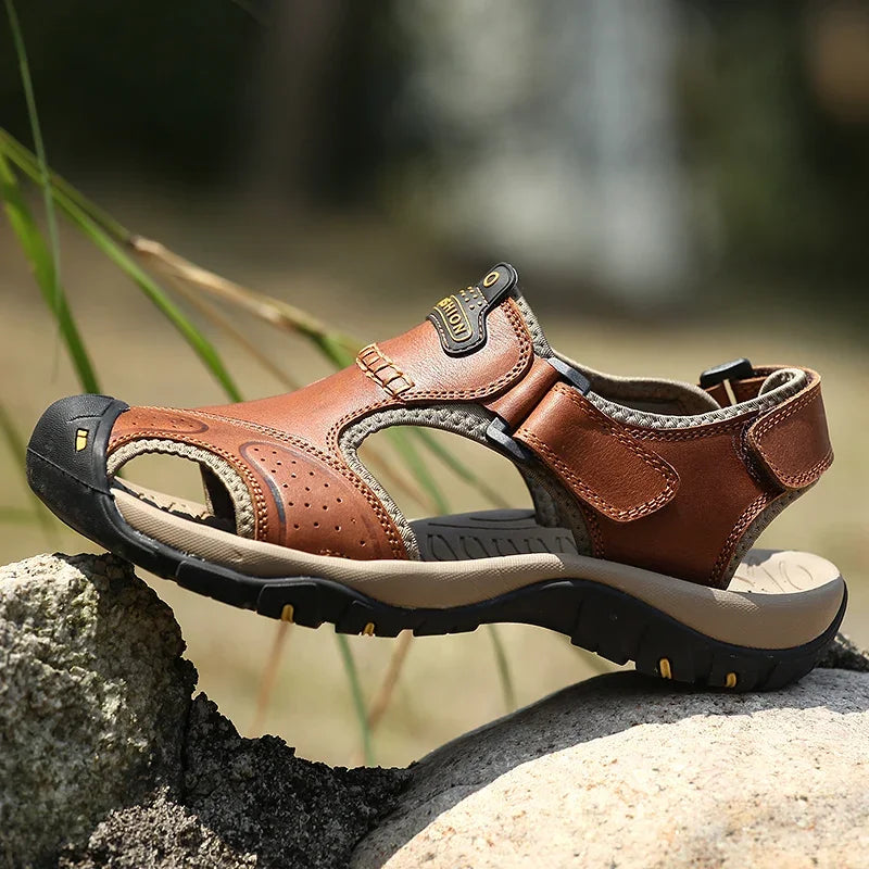 Summer Sandals Leather Outdoor Men Beach Shoes Luxury Breathable Casual Sandal Man Wading Shoes Non-slip Wide lining Slippers