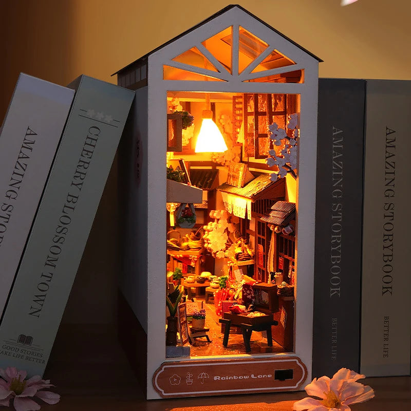 DIY Book Nook Kit Shelf Inser Dollhouse Model Building Kit Wooden Bookshelf Room Dollhouse Bookend Toy For Adults Birthday Gifts
