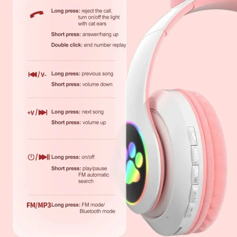 Bluetooth 5.0 Stereo With Mic Flash Lamp Cute Cat Ears Headphone Support TF Card Wireless Kids Girl Earphone Birthday Gift