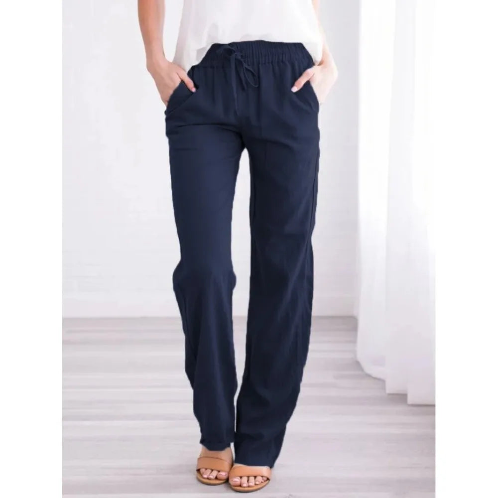 Women Cotton Linen Drawstring Pants Elastic Waist Casual Solid Color Trousers Baggy Loose Straight Leg Breathable Sweatpants