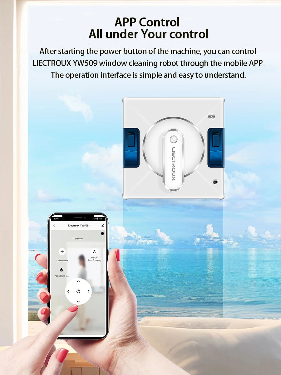 Robot Window Cleaner Liectroux YW509, 4-Way Water Spray,Home Glass Floor Window Robot Vacuum Cleaner,Strong Vacuum,Smart Memory