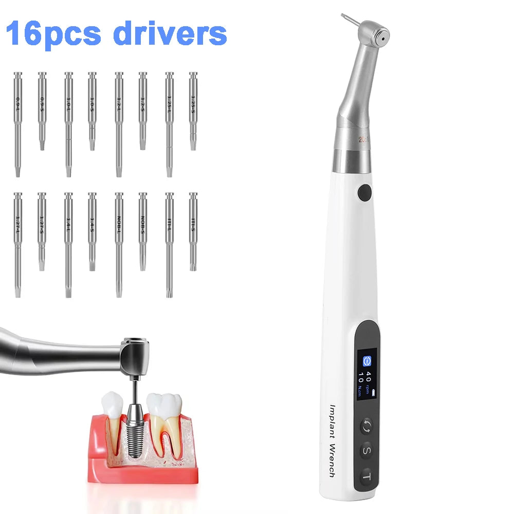 AZDENT Dental Implant Motor Electric Wireless Torque Driver Implant Torque Wrench with 16pcs Screwdrivers Contra Angle Motor