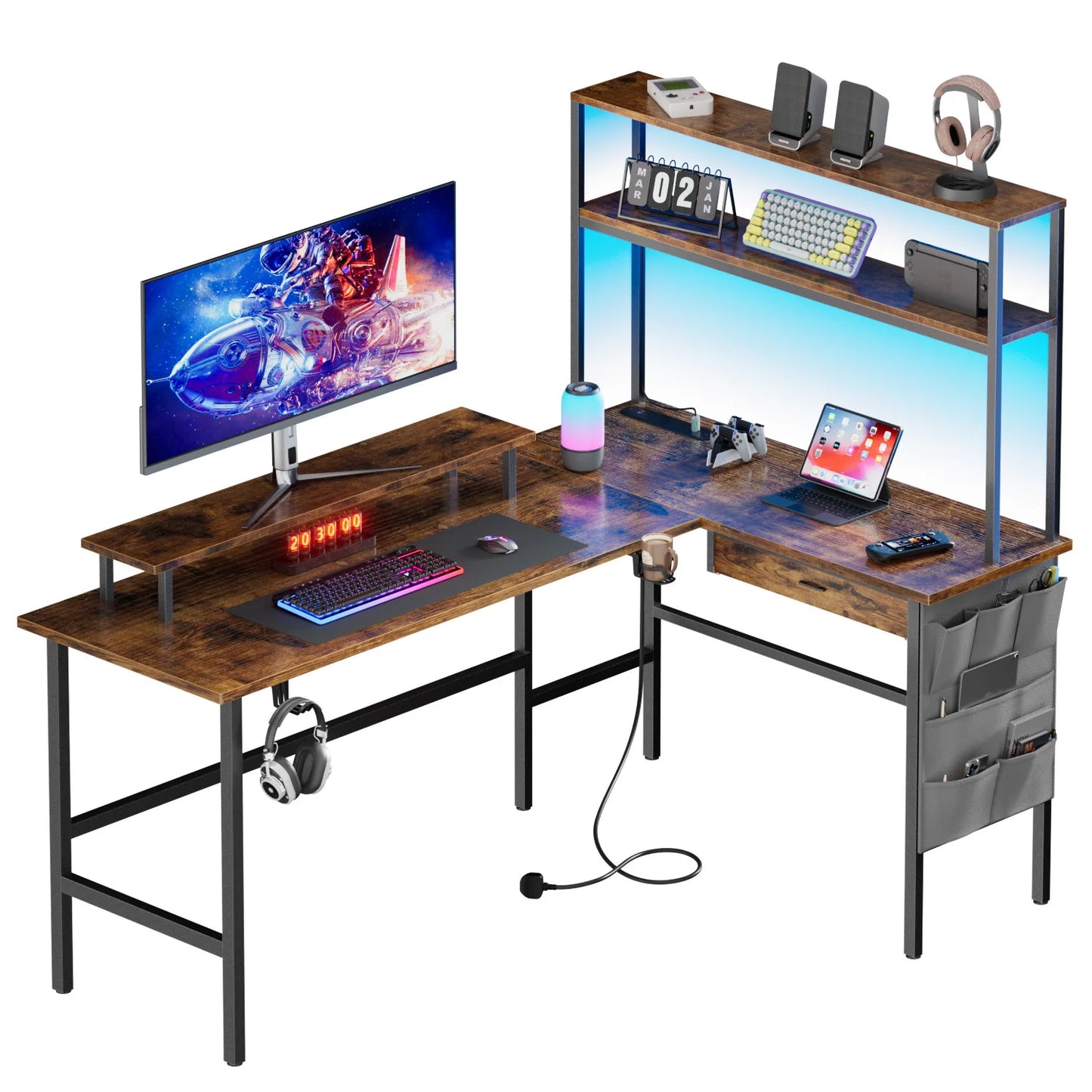Reversible Computer Desk with LED Lights and Drawer, L Shaped Corner Gaming Desk with Storage Shelves & Bag, Desk Shelf for