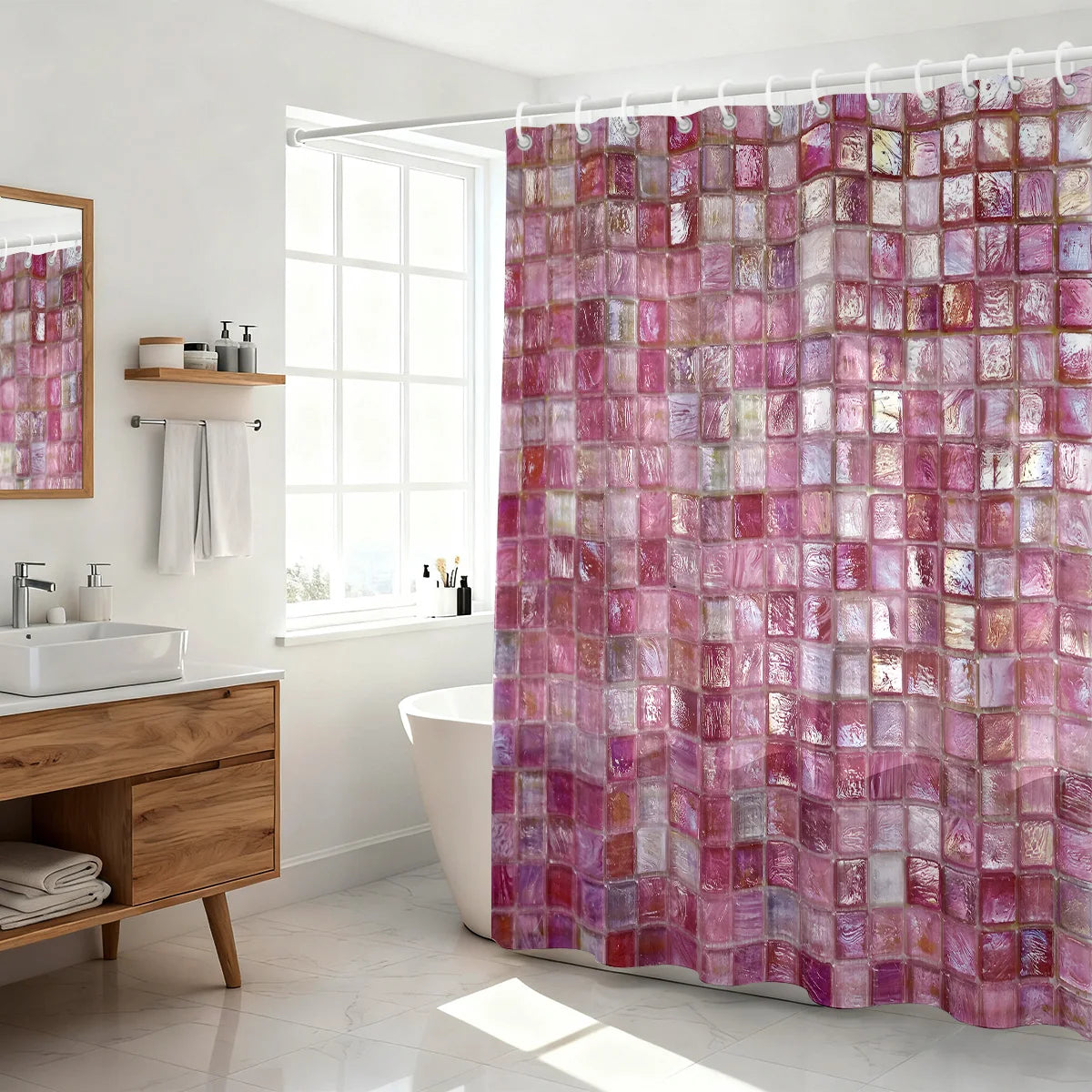 1pc pink ice block imitation simple printing waterproof partition privacy hanging curtain with 12 hooks, multiple sizes