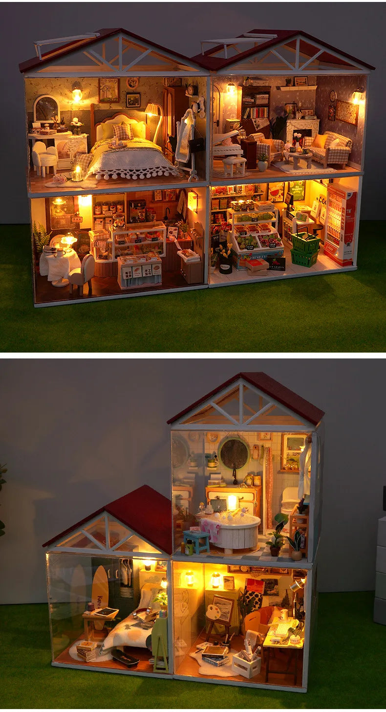 DIY Doll House Wooden Miniature Kit with Furniture Set Handmade Model Assembly Toy Case for Birthday Gifts