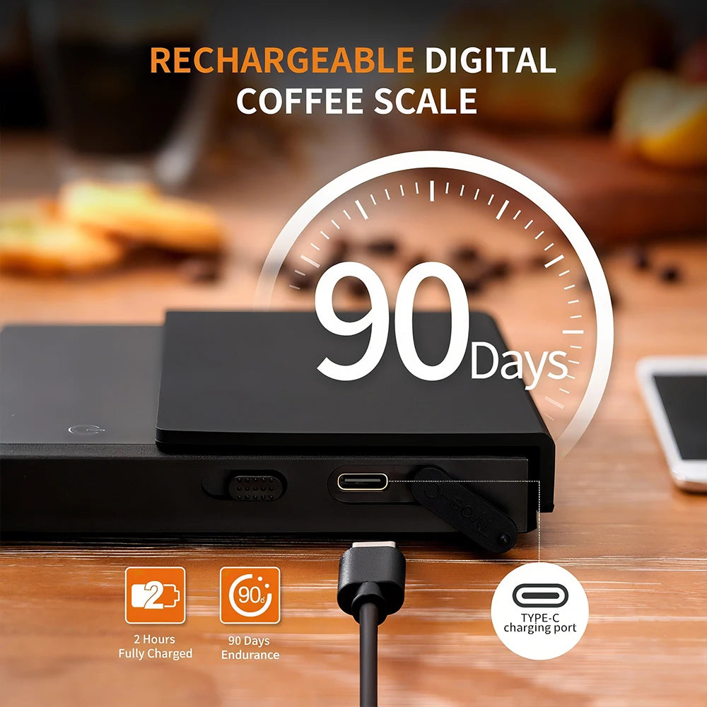 Mini Digital Coffee Scale with Timer 0.1g High Precision Rechargeable USB-C Fast Charging Kitchen Scale for Espresso Pour Over