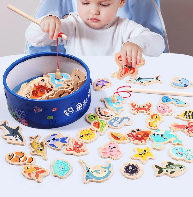 Montessori Wooden Magnetic Fishing Toys Marine Life Cognition Fish Games Early Educational Toy for Kids Parent-child Interactive