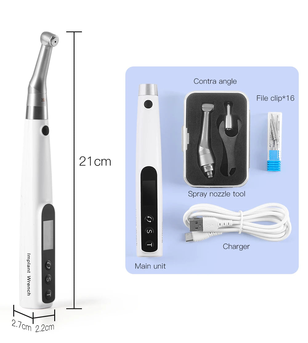 AZDENT Dental Implant Motor Electric Wireless Torque Driver Implant Torque Wrench with 16pcs Screwdrivers Contra Angle Motor