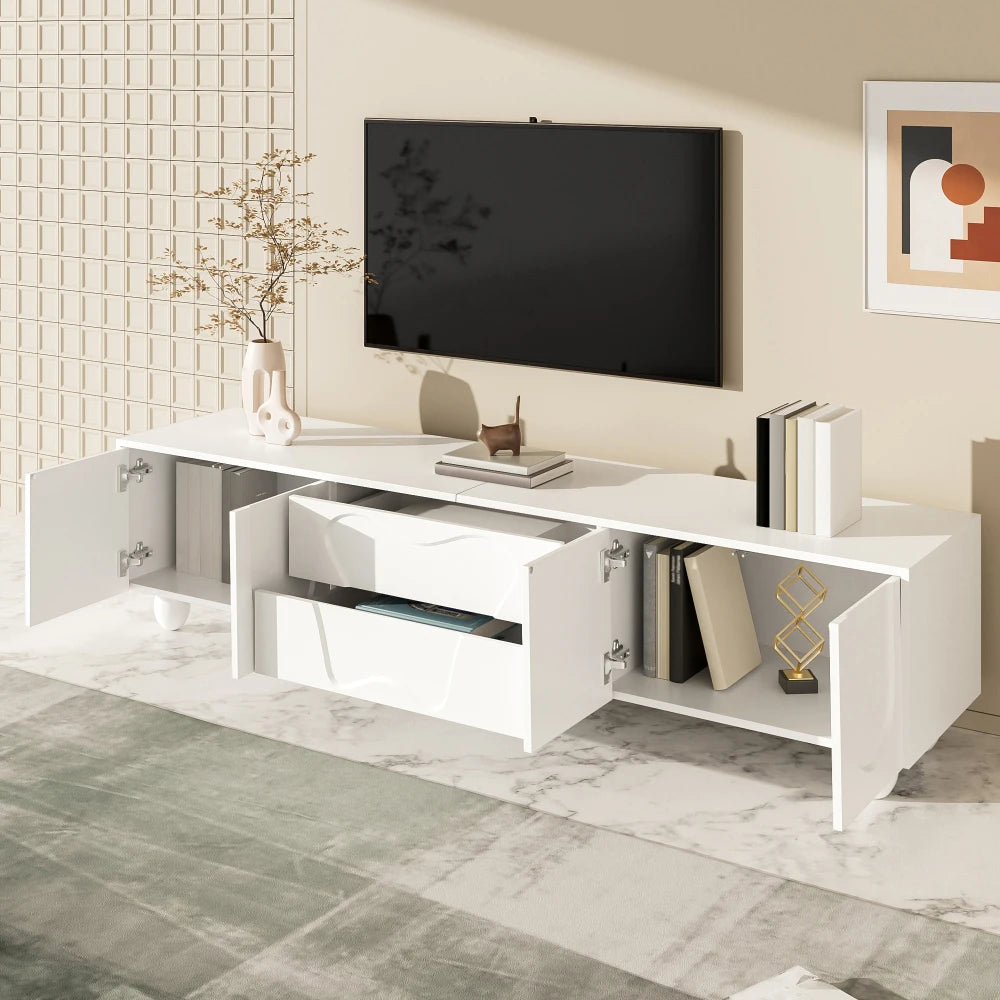 180cm Modern TV Stand for TVs up to 65 inches, Storage TV Cabinet with Solid Wood Legs, Black PB Board Entertainment Center for