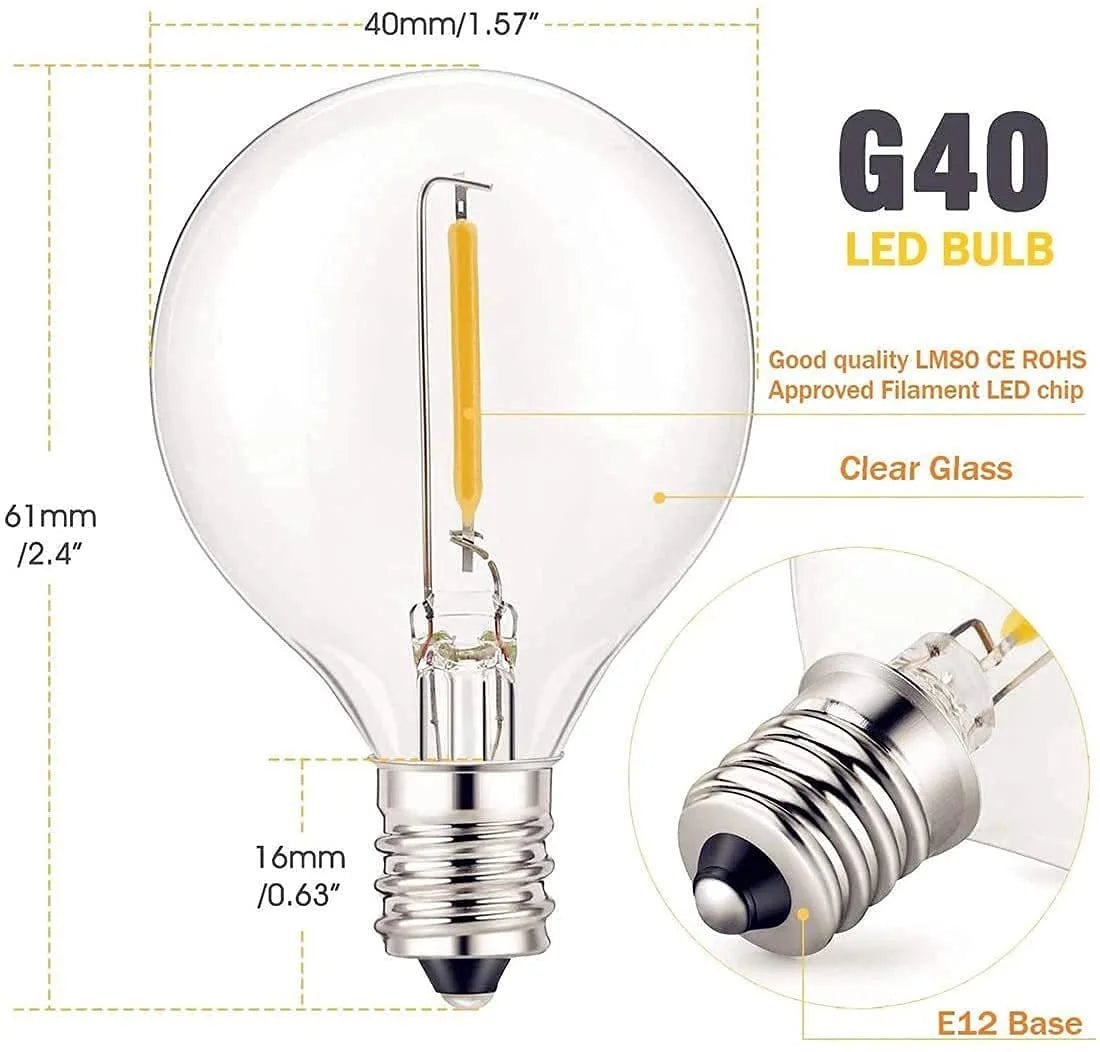 5-25PCS Vintage G40 Led String Light Replacement Bulb 1W 3V 120V 220V Plastic Shatterproof Globe Ball Lamp E12 Base 2700K Edison
