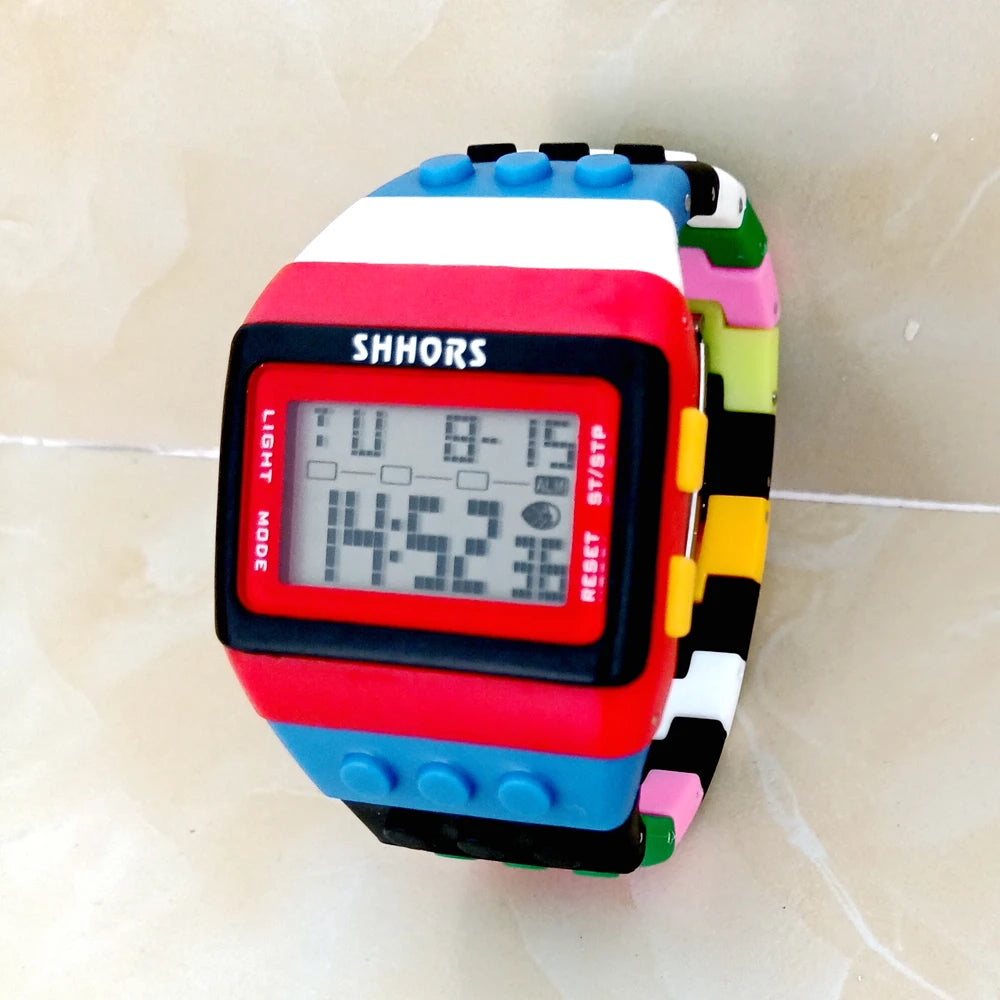 Fashion Students Mens Women Colourful SHHORS Building Blocks Plastic Waterproof Sport Digital Electronic Multifunctional Watches