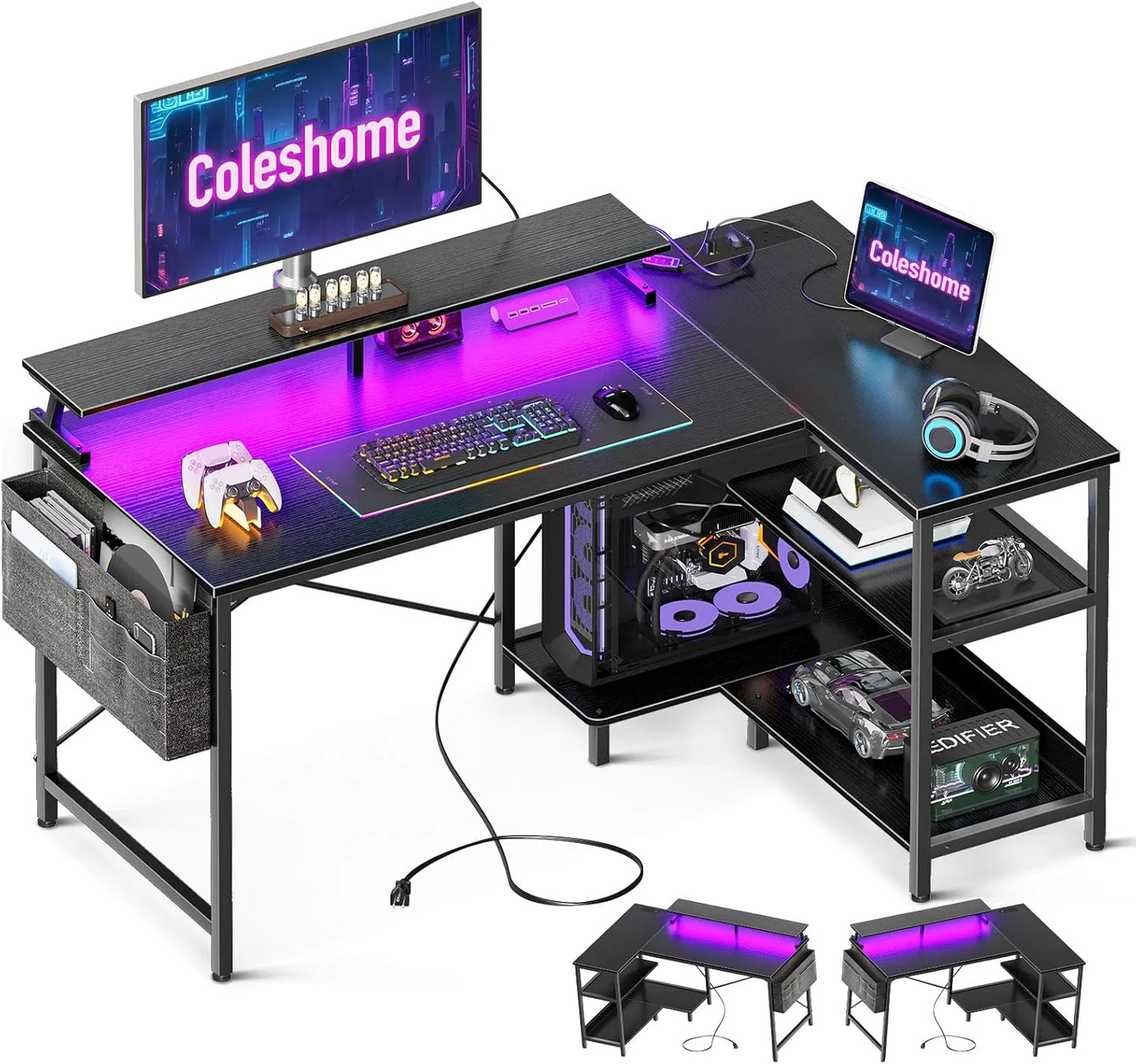 Coleshome L Shaped Gaming Desk with LED Lights, 120 × 80 cm Computer Desk with Power Outlet,  Black