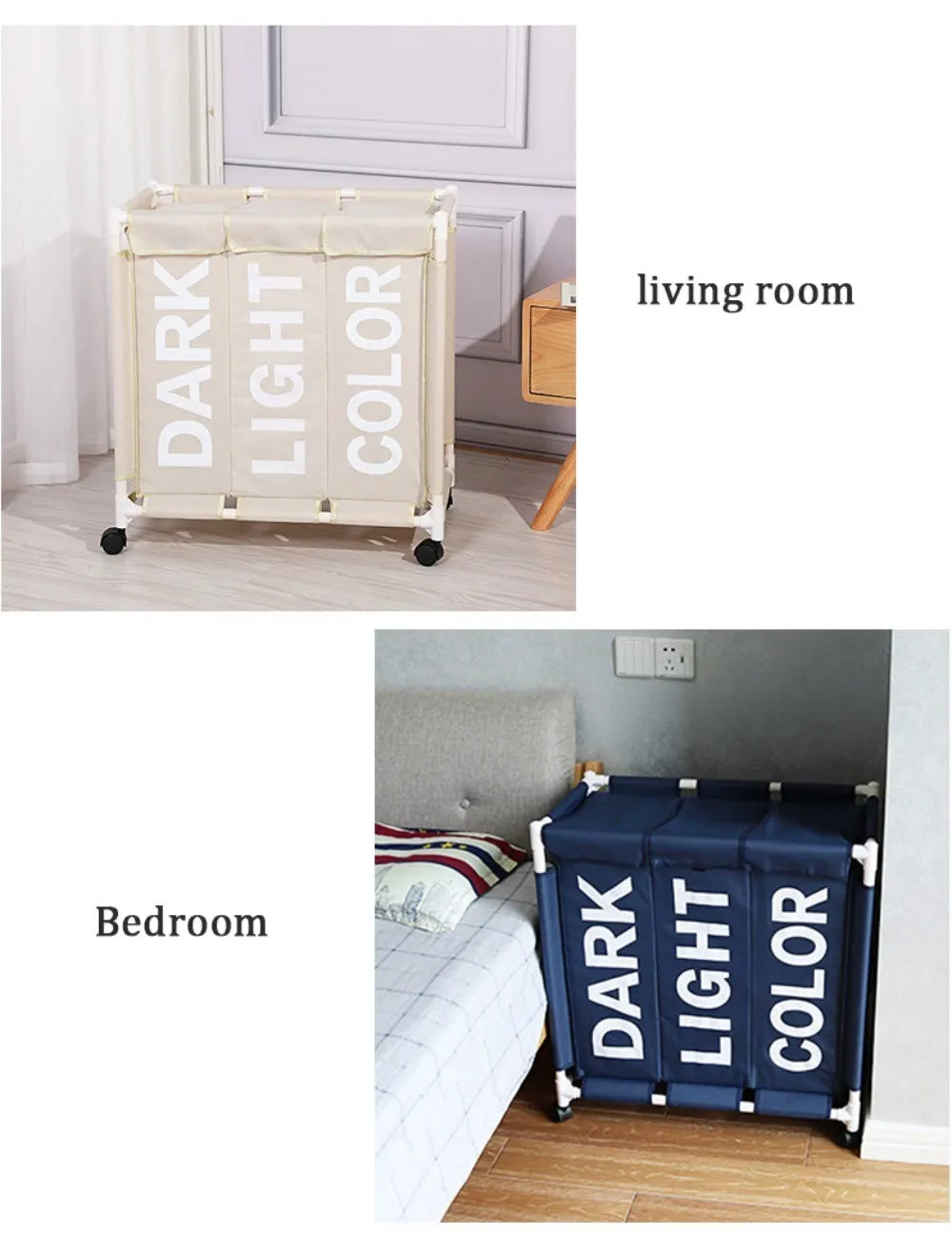 Rolling Laundry Basket Organizer 3 Grid Large Laundry Hamper Bin Waterproof Laundry Bags For Dirty Clothes Storage Box On Wheels