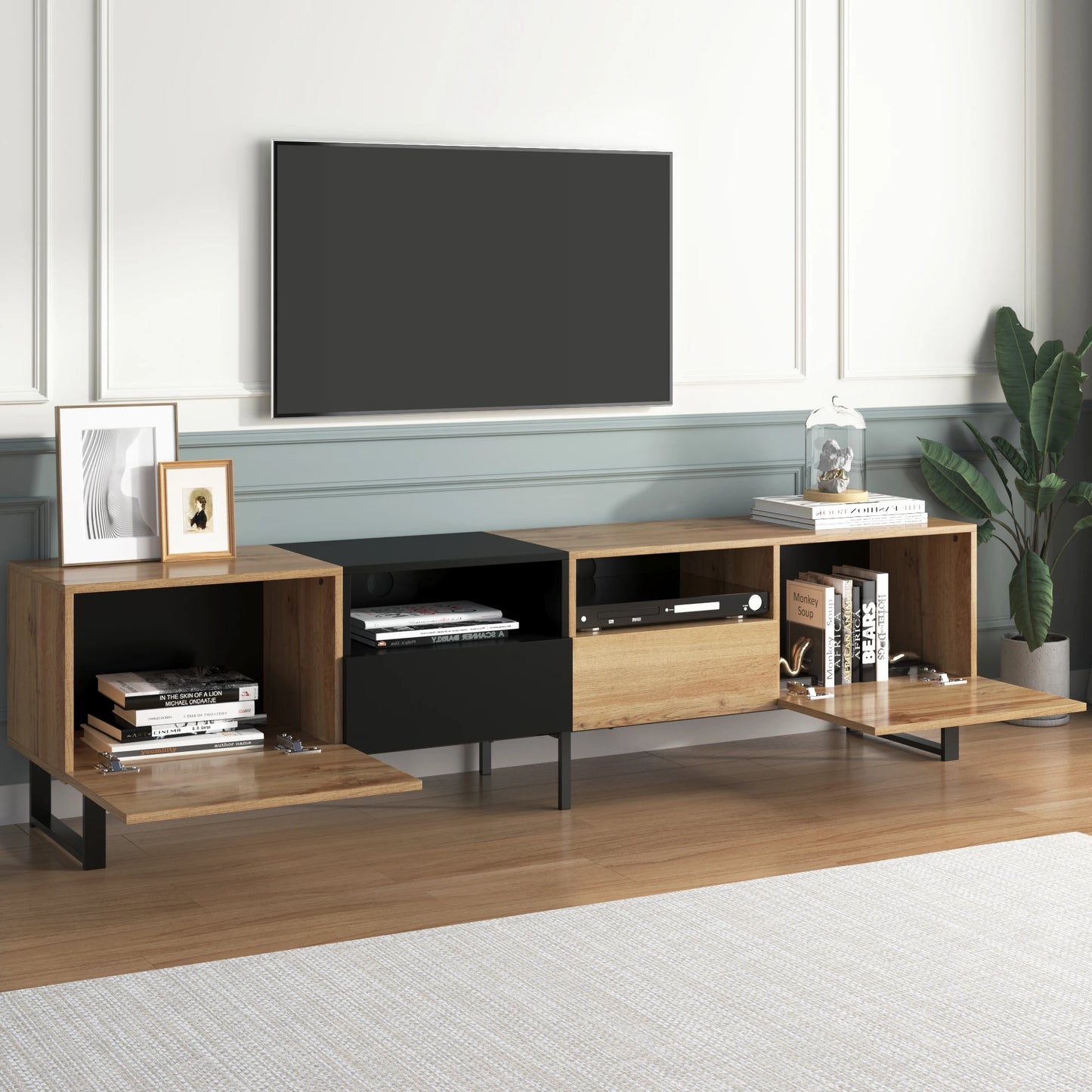 PINGGO Modern Minimalist TV Cabinet Large Capacity Storage Cabinet With Doors And Drawers Wood Grain Design TV Media Console
