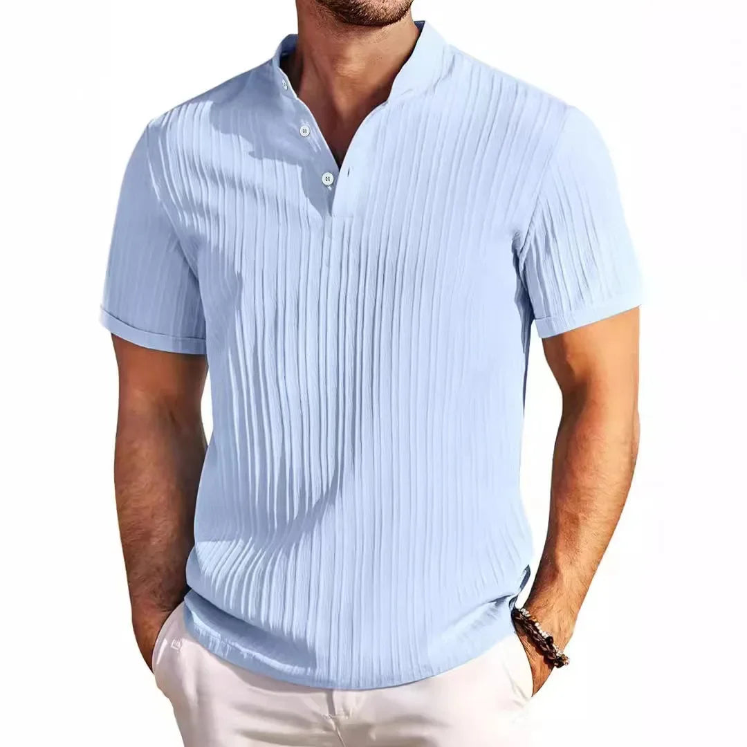 Hawaiian Men's Retro Cotton And Linen Henry Shirt Casual Loose With Sporty Stand-up Collar Buttons 2026 New Men's Casual Shirt