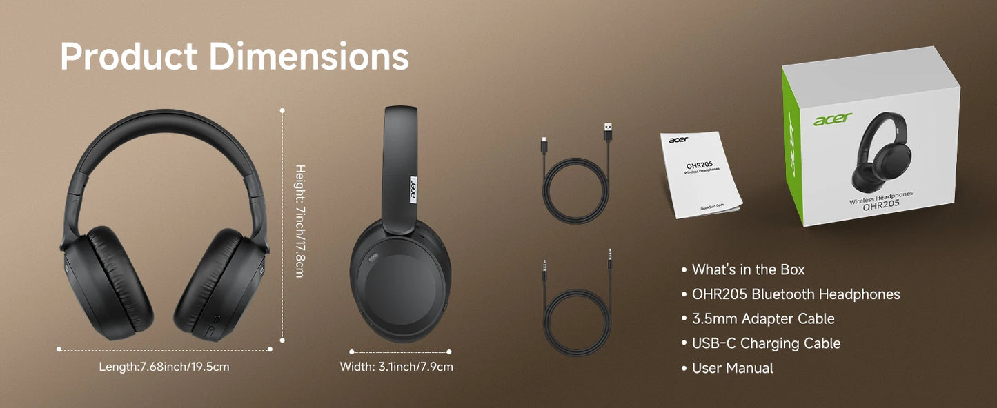 Acer OHR205 Wireless Bluetooth Headphones Foldable Over-Ear Headphone with 40mm Drivers Multipoint Bluetooth 6.0 for Home,Office