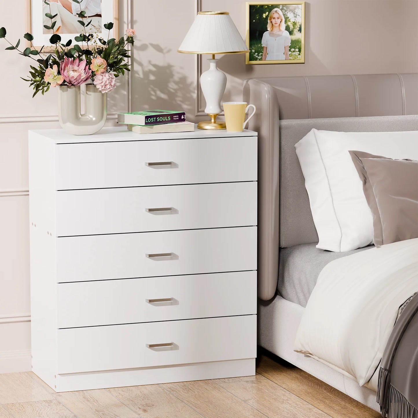 5 Drawer Chest White, Wood Storage Cabinet Dresser for Bedroom, Hallway, Closet Organizer, Modern Furniture (75x36x90cm)