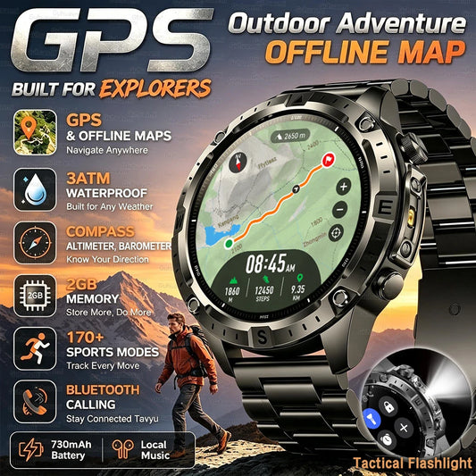 New Outdoor GPS Offline Map Smart Watch Men 3ATM Waterproof 170+ Sports LED Compass Altimeter AMOLED Bluetooth Call Smartwatch