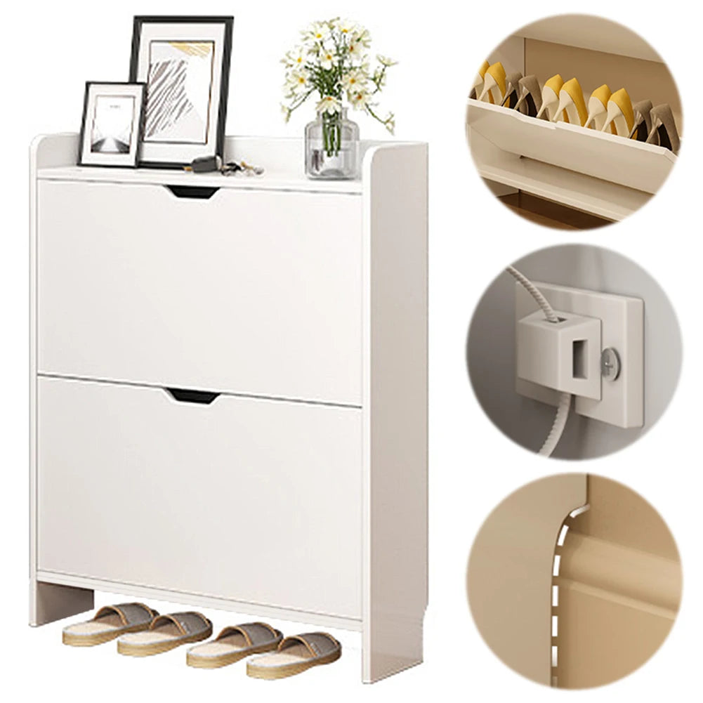 2-Tier Wooden Entrance Shoe Cabinet with Flip Drawers Shoe Organizer Cabinet Space Saving Free-Standing Shoe Cabinet for Hallway