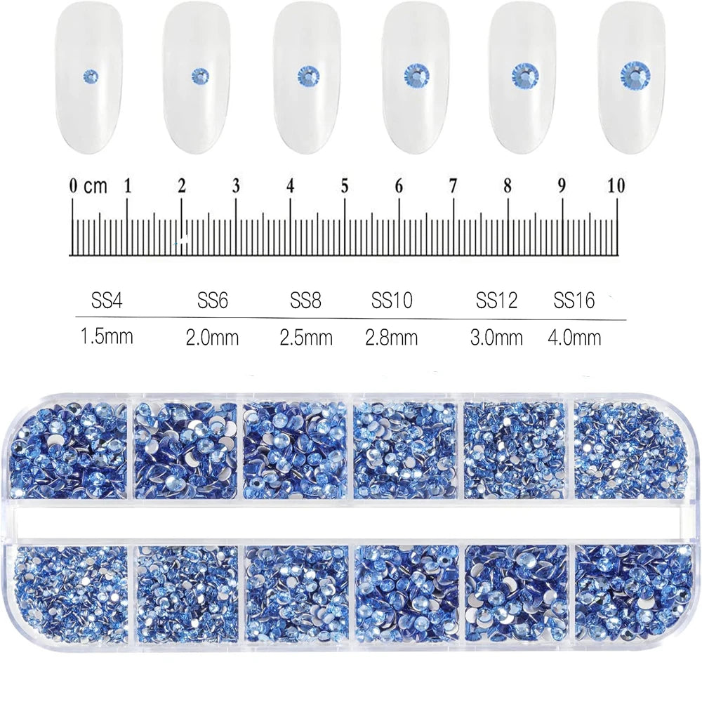 2400pcs+ Shiny Clear Crystal Gems Nail Rhinestones 1.5-4mm Mixed Round Glass Stone Flatback Nail Charms 12grids Nail Diamond DIY