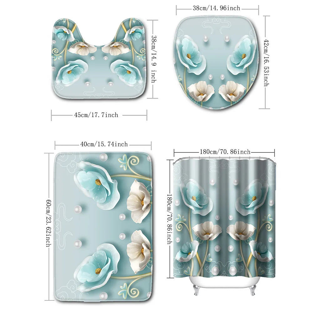 4-piece set of blue white jade orchid waterproof printed shower curtains with 12 hooks, bathroom floor mats