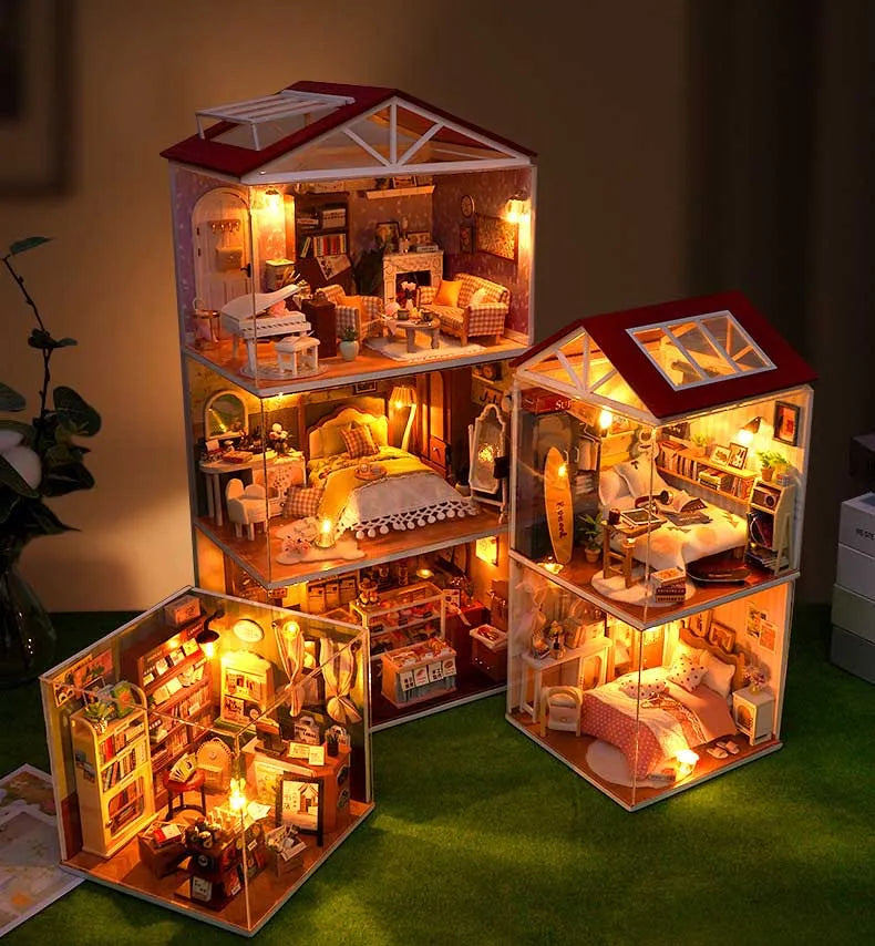 DIY Doll House Wooden Miniature Kit with Furniture Set Handmade Model Assembly Toy Case for Birthday Gifts
