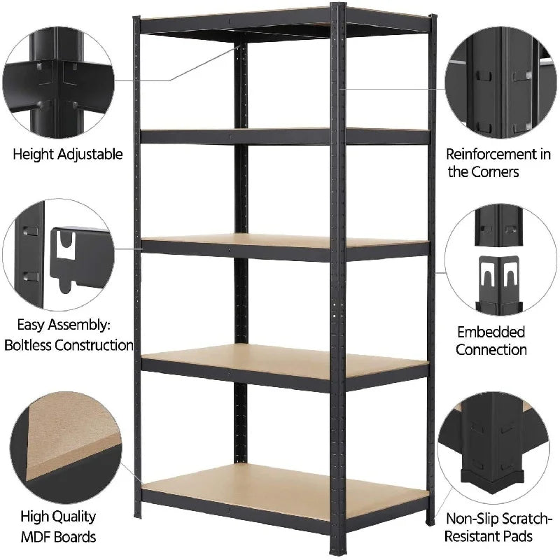 Adjustable Height Layout 5-Tier Heavy Duty Shelf 875kg Boltless Metal Rack Tool Free Assembly for Garage Warehouse Storage