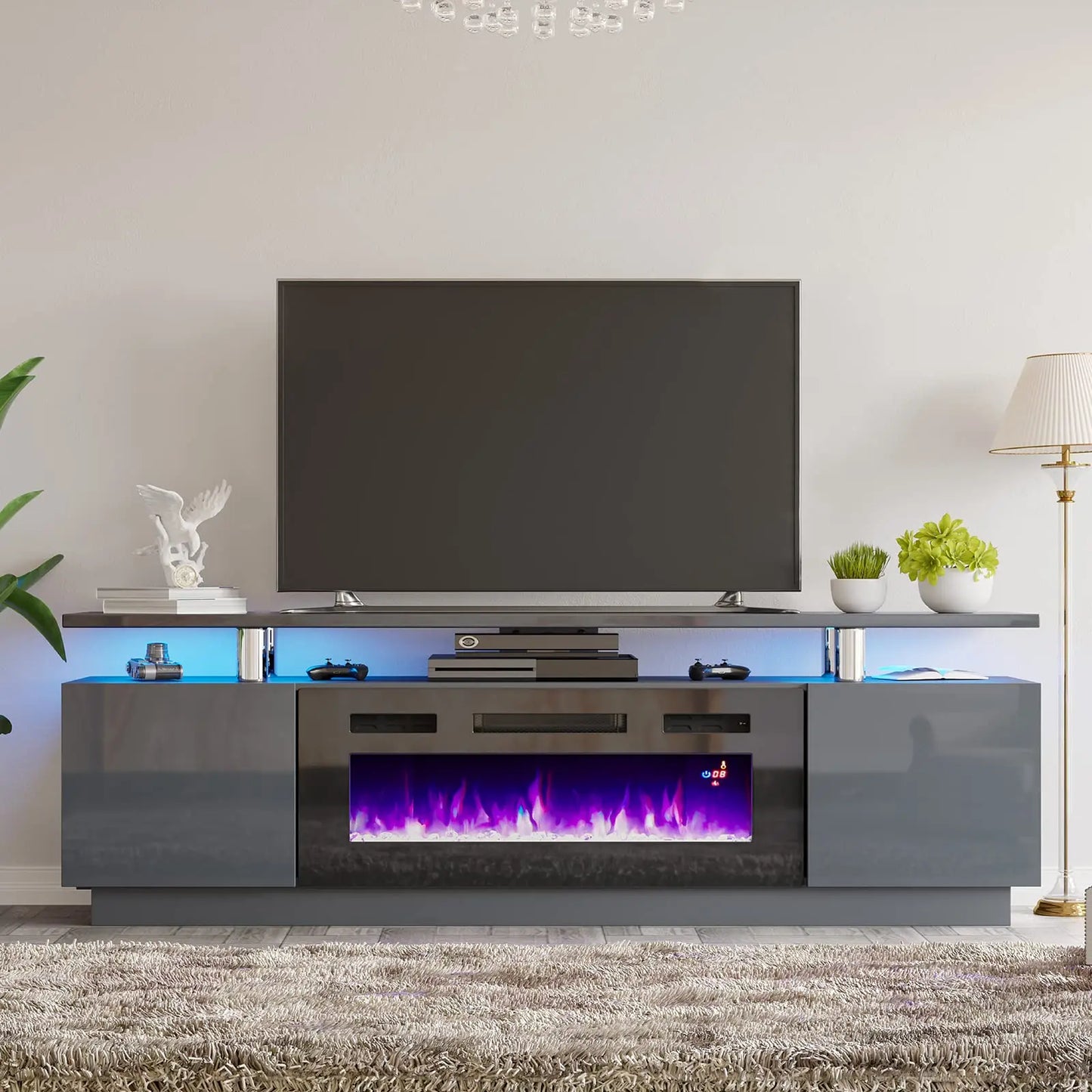 Floating Fireplace Tv Stand Modern High Gloss 72" Entertainment Center Wall Mounted Electric Fireplace Tv Media Console