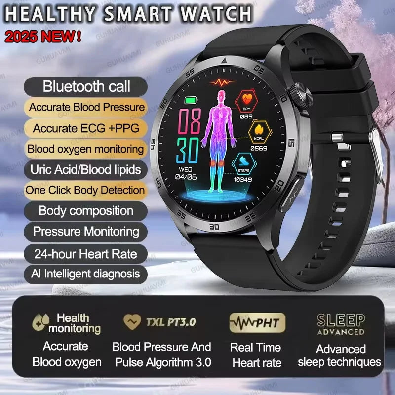 For iOS Android New Health Measurement SmartWatch Men Blood Oxygen Uric Acid ECG+PPG Body Blood Pressure HD Bluetooth Call Watch