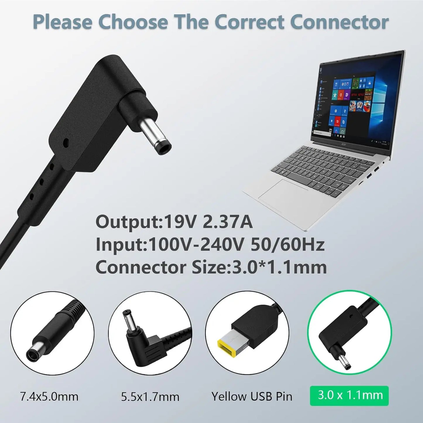 19V 2.37A 45W 3.0*1.1mm AC Laptop Adapter Charger for Acer Aspire S7 S7-392/391 V3-371 A13-045N2A PA-1450-26 ES1-512-P84G