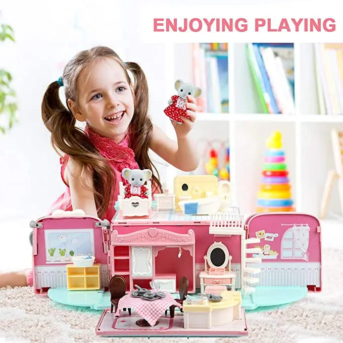 Dollhouse Koala Diary Girl Play House Toy Diy Tour Bus Bedroom Dresser Dining Kitchen Bathroom Shop Pretend Family Toys Girls