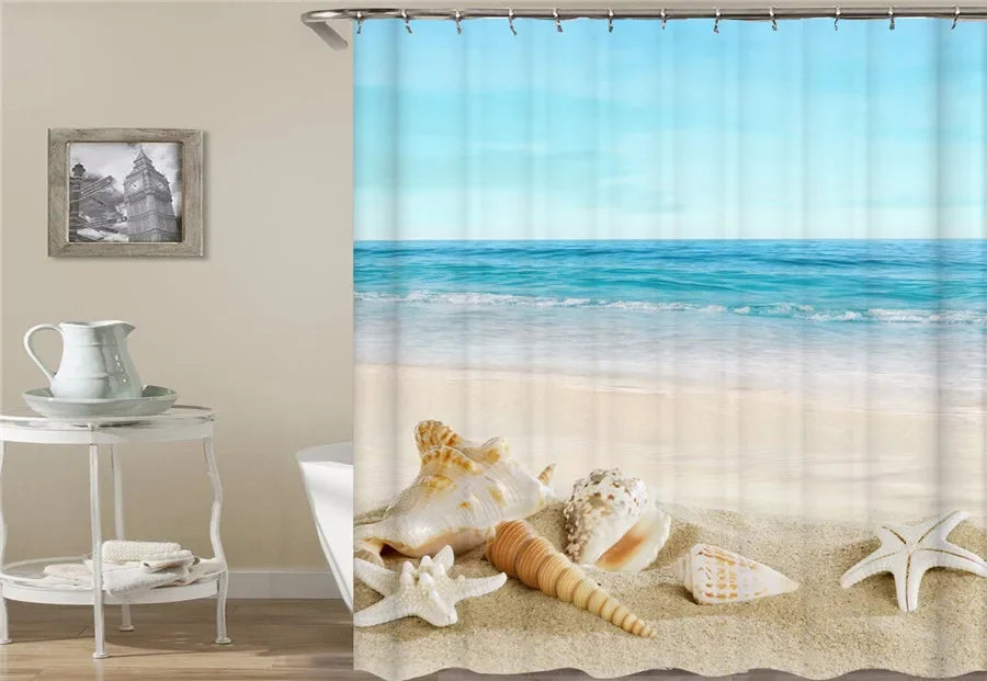 Bath Curtain Sea Beach Shell Starfish Shower Curtains 180*180cm Waterproof Bathroom Home Washable Fabric Bath Screen 12 Hooks