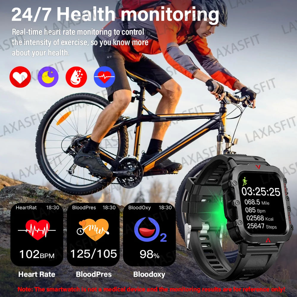 LAXASFIT 2026 New Men's Smart Watch Outdoor Sports Watch 1.85 Inch Voice Assistant Bluetooth Call LED Flashlight Smartwatch