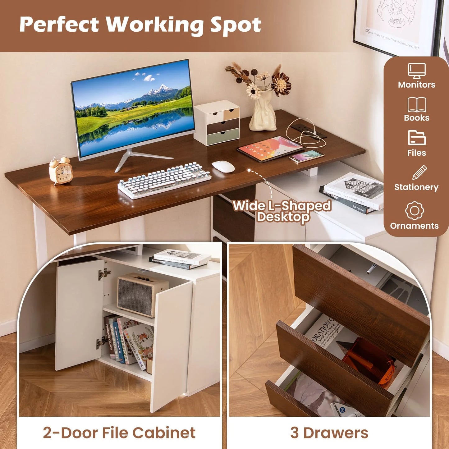 GOFLAME L-Shaped Desk 138 cm Reversible Corner Computer Desk-Brown