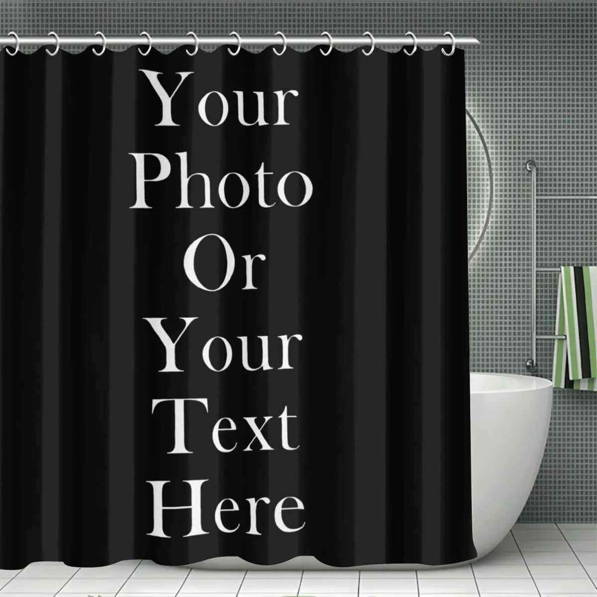Custom Photo Shower Curtain Personalized Text Design DIY Home Decor Unique Gift Idea Black Background Custom Print