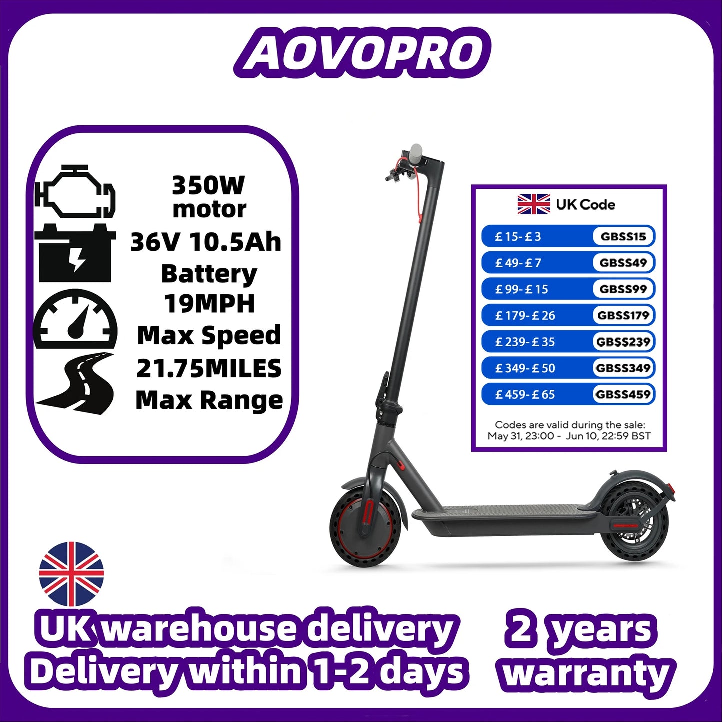 AOVOPRO Electric Scooter Top Speed: 19 Mph Range: 21.75 Miles Peak Power: 350W Suitable For Adults Foldable Electric Scooter