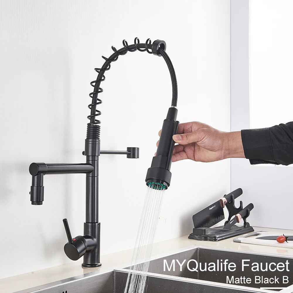 Black Pull Down Brass Kitchen Sink Faucet Hot Cold Water Mixer Crane Tap with Dual Spout 360 Rotation High Faucet Deck Mounted