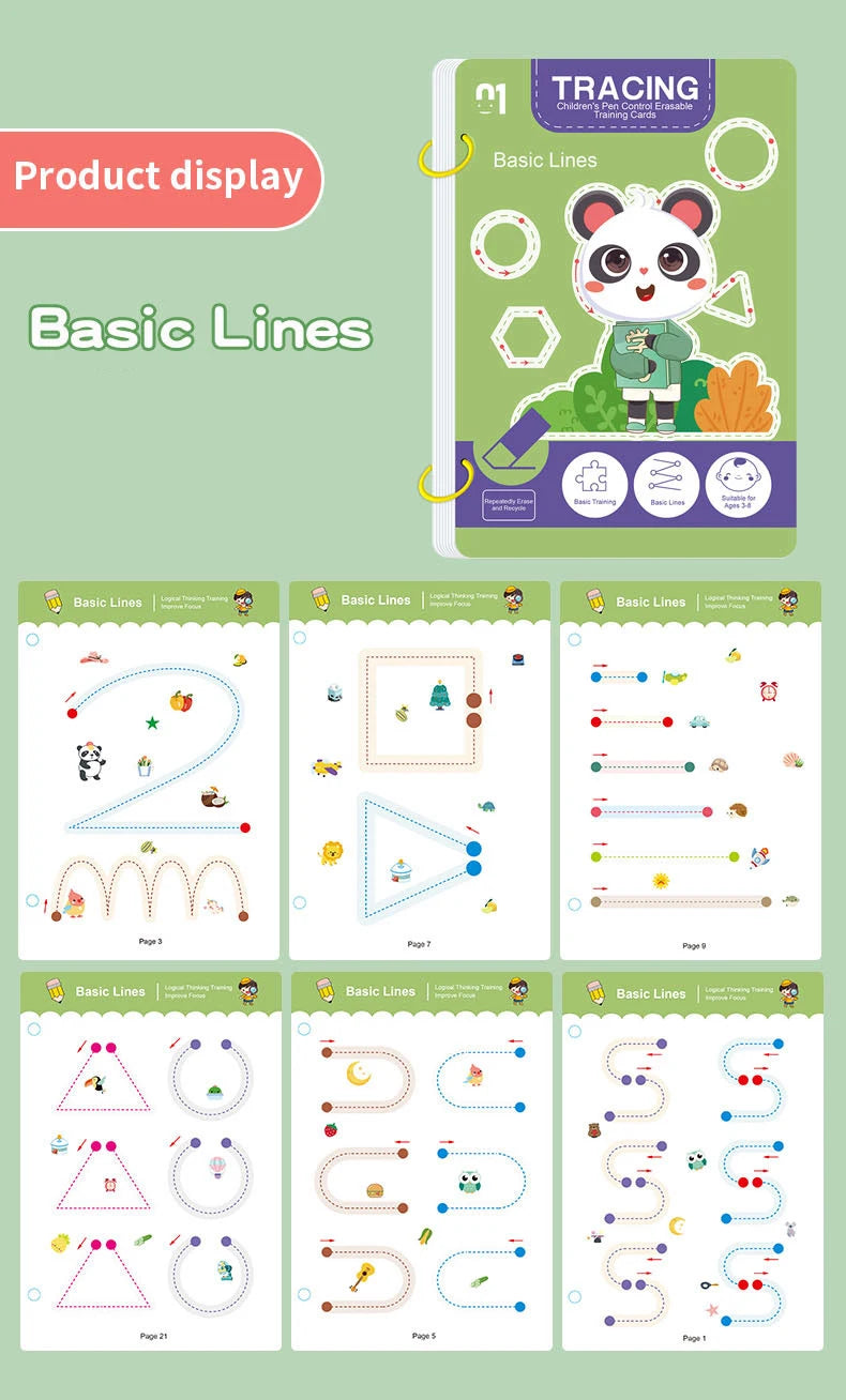 34-Page Reusable Magic Tracing Workbook, Educational Drawing and Pen Control Training, Includes Pen and Eraser, Essential for Learning, Classroom Education, Birthday, Christmas, Easter Gift