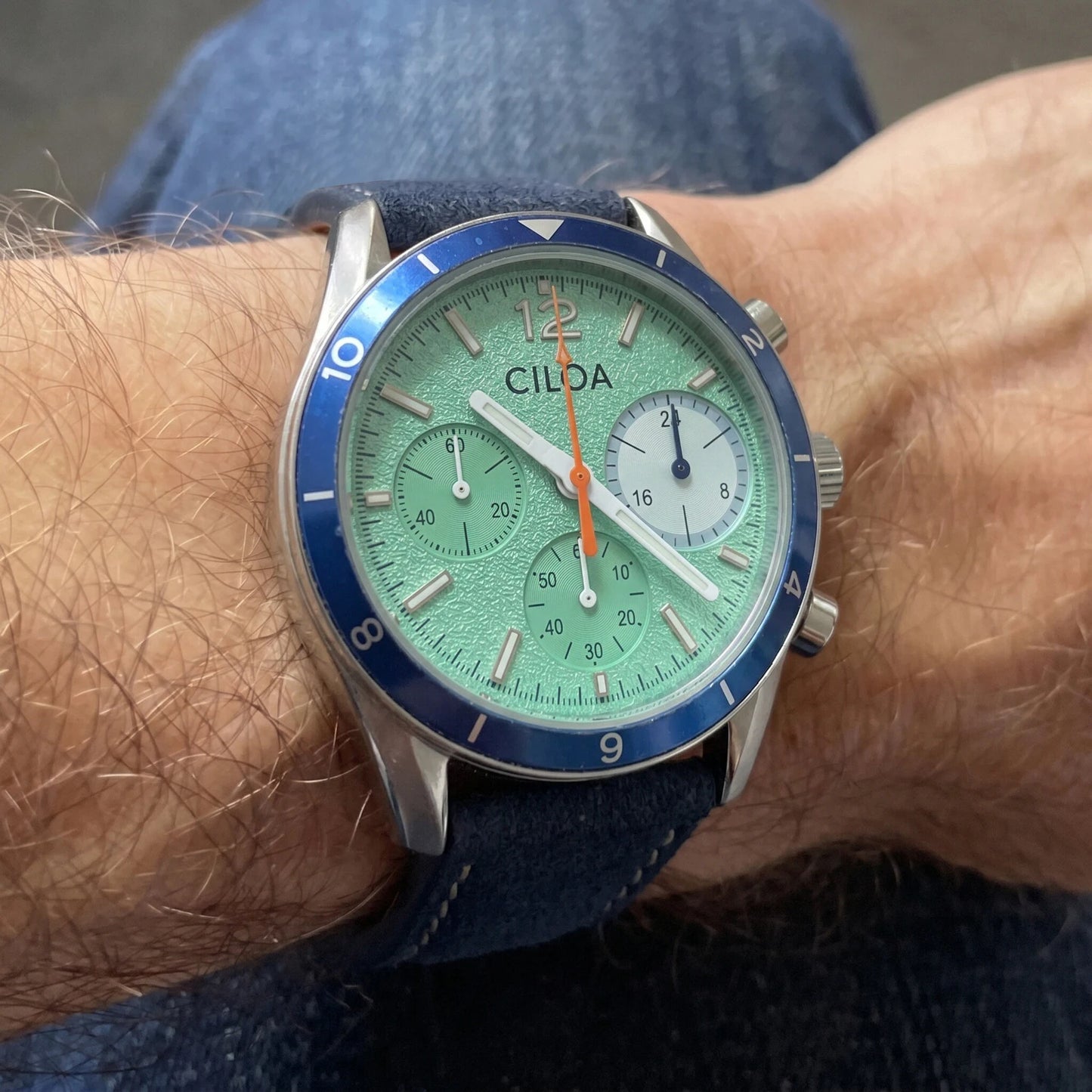 CILOA Men's Chronograph Watch Mint Green Dial with Blue Bezel Blue Suede Leather Strap Sport Casual Quartz Wristwatch