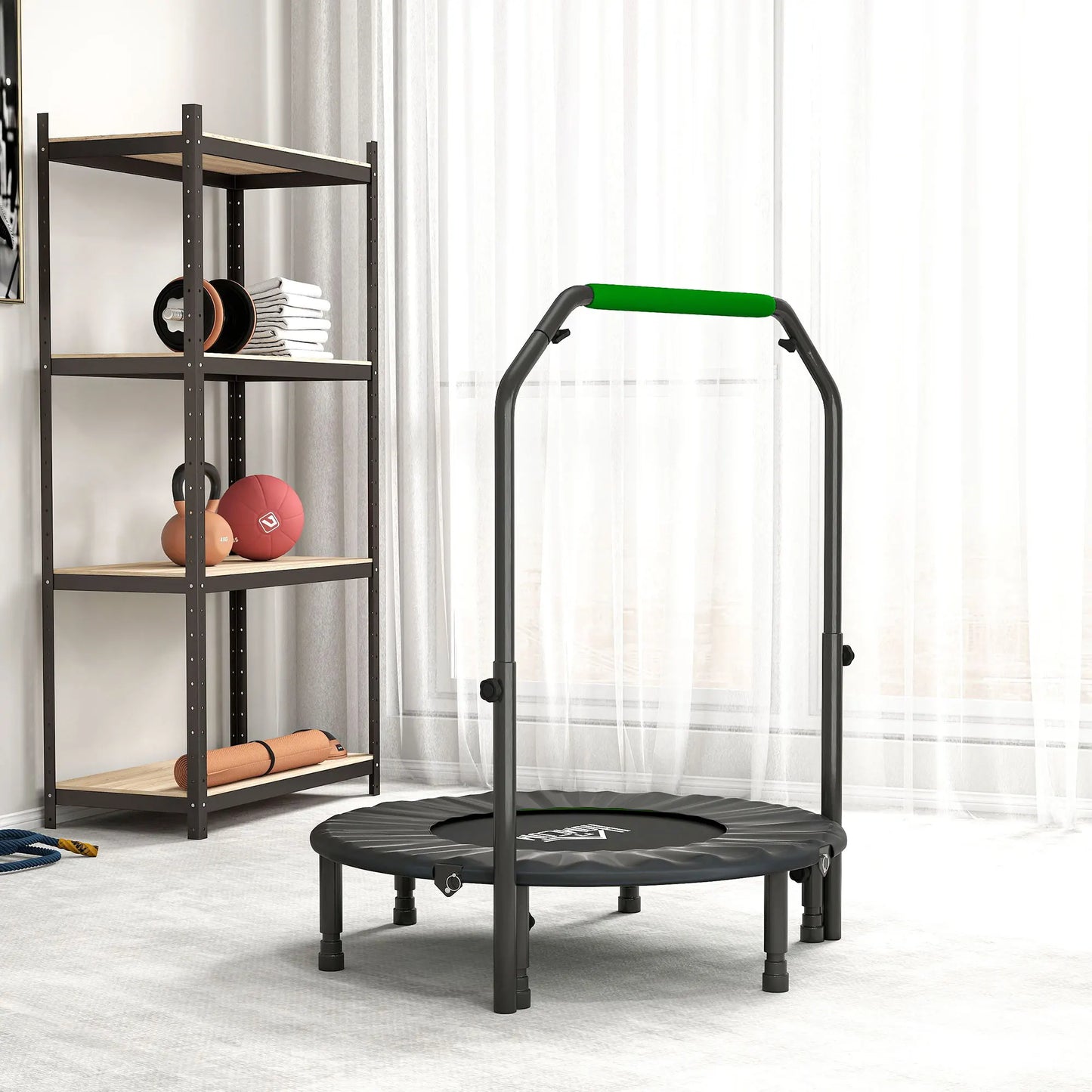 HOMCOM 40" Foldable Mini Trampoline with Adjustable Foam Handle, for Cardio Training, Green