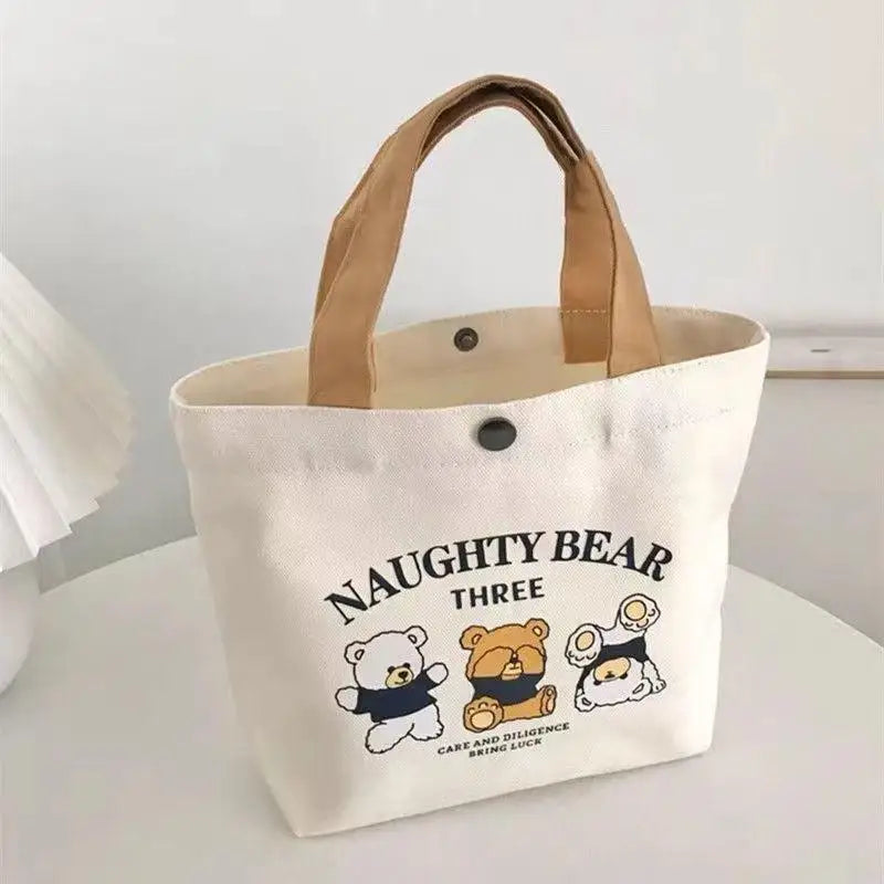 Bear Shape Canvas Tote Bag For Women Cute Mini Handheld Lunch Bag Student School Bag Gift Bag