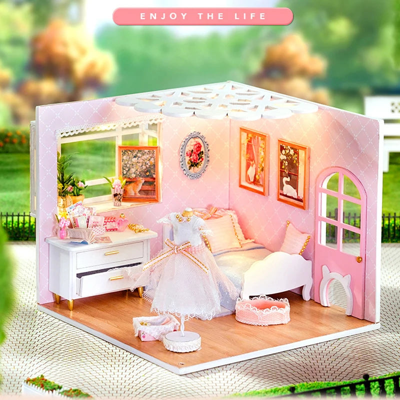 DIY Wooden Miniature Doll House Small House Kit 3D Puzzle Assembly Building Kits With Furniture LED Dollhouse Toys For Gifts