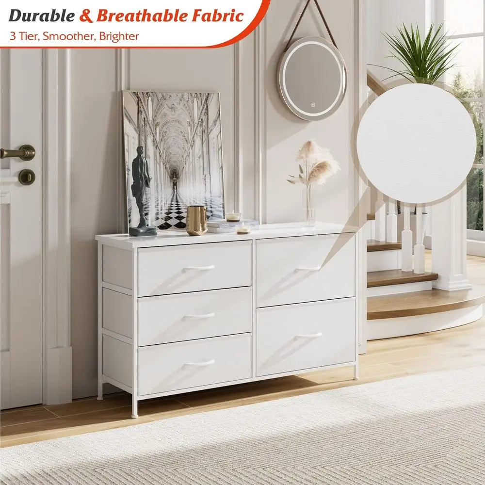 5 Drawer Bedroom Chest with Storage, Wooden Top, Steel Handles, White, 30 x 100 x 61