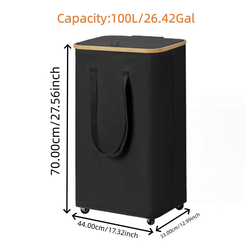 (60L/100L )Large Capacity Foldable Laundry Basket (60L/100L), Rectangular Dirty Clothes Hamper with Wheels, Detachable Liner